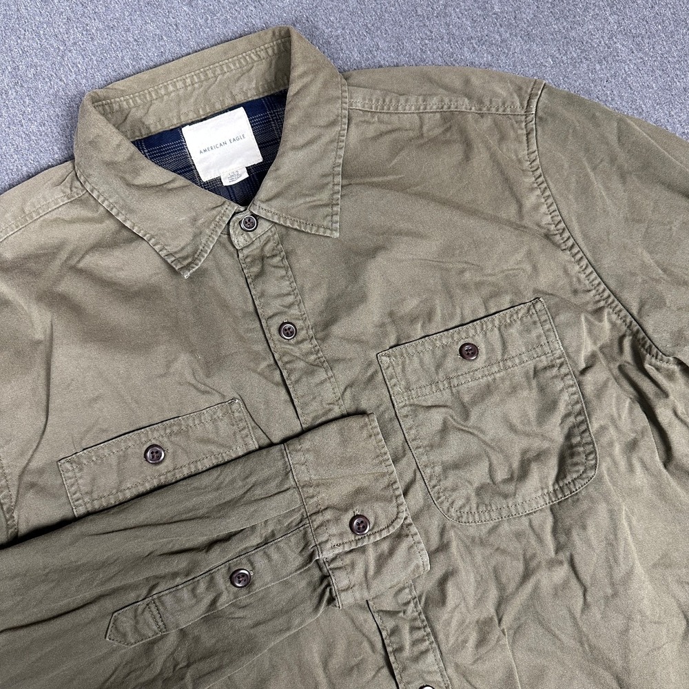 American Eagle Mens L Flannel Lined Shirt Jacket Olive Green Cotton Shacket